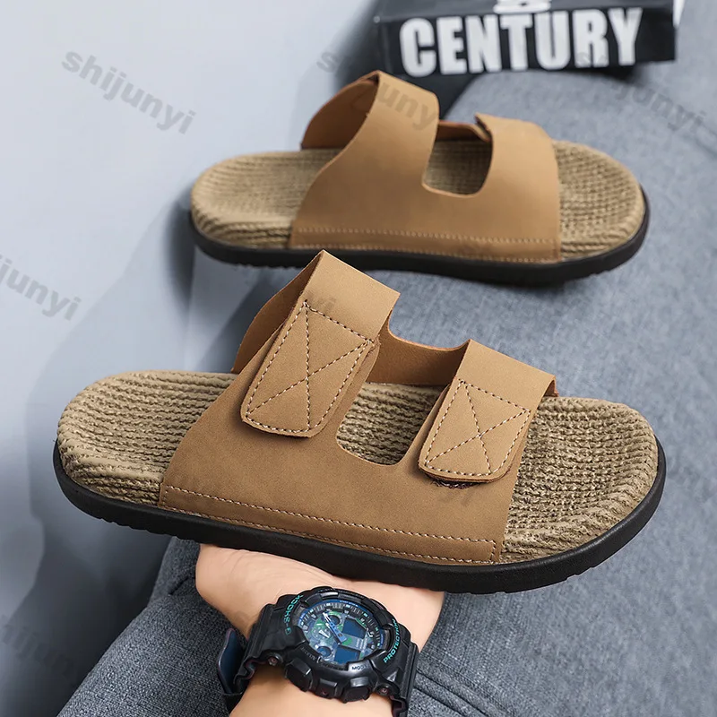 Men's One Word Slippers 2025 Non Slip Summer Vintage Fashion Sewing Sandals Comfortable Slip on Outdoor Breathable Casual Flats