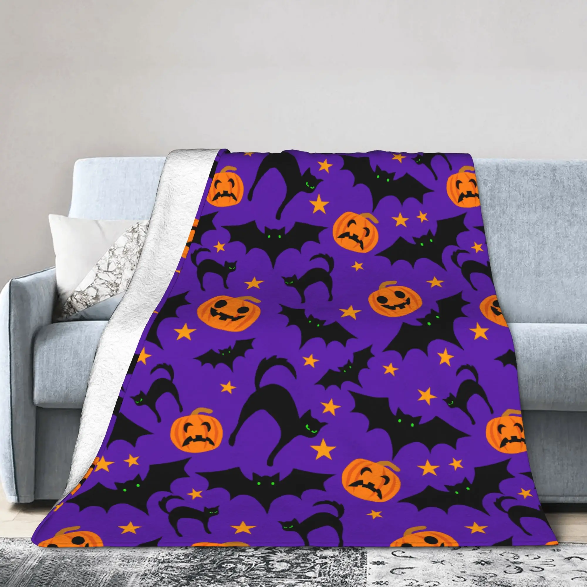 Halloween Pumpkins Bats Witch Cats Blanket Flannel Winter  Multi-function Thin Throw Blankets for Sofa Office Bedding Throws