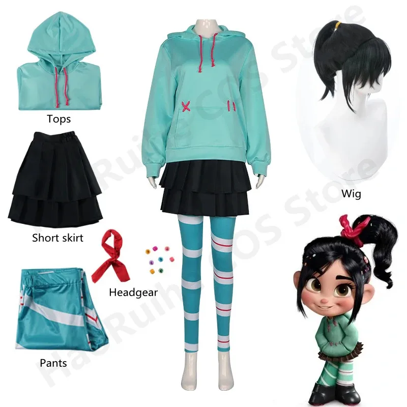 

Anime Vanellope Von Schweetz Cosplay Costume Hoodies Skirt Wig Uniform Suit Girl Women Halloween Performance Clothing