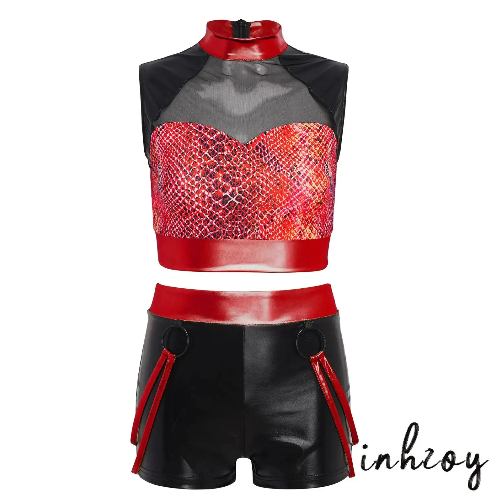 

Womens Edgy Two Piece Snake Pattern Dance Outfit Set Sheer Mesh Patchwork Sleeveless Crop Tops And Shorts for Nightlife Events