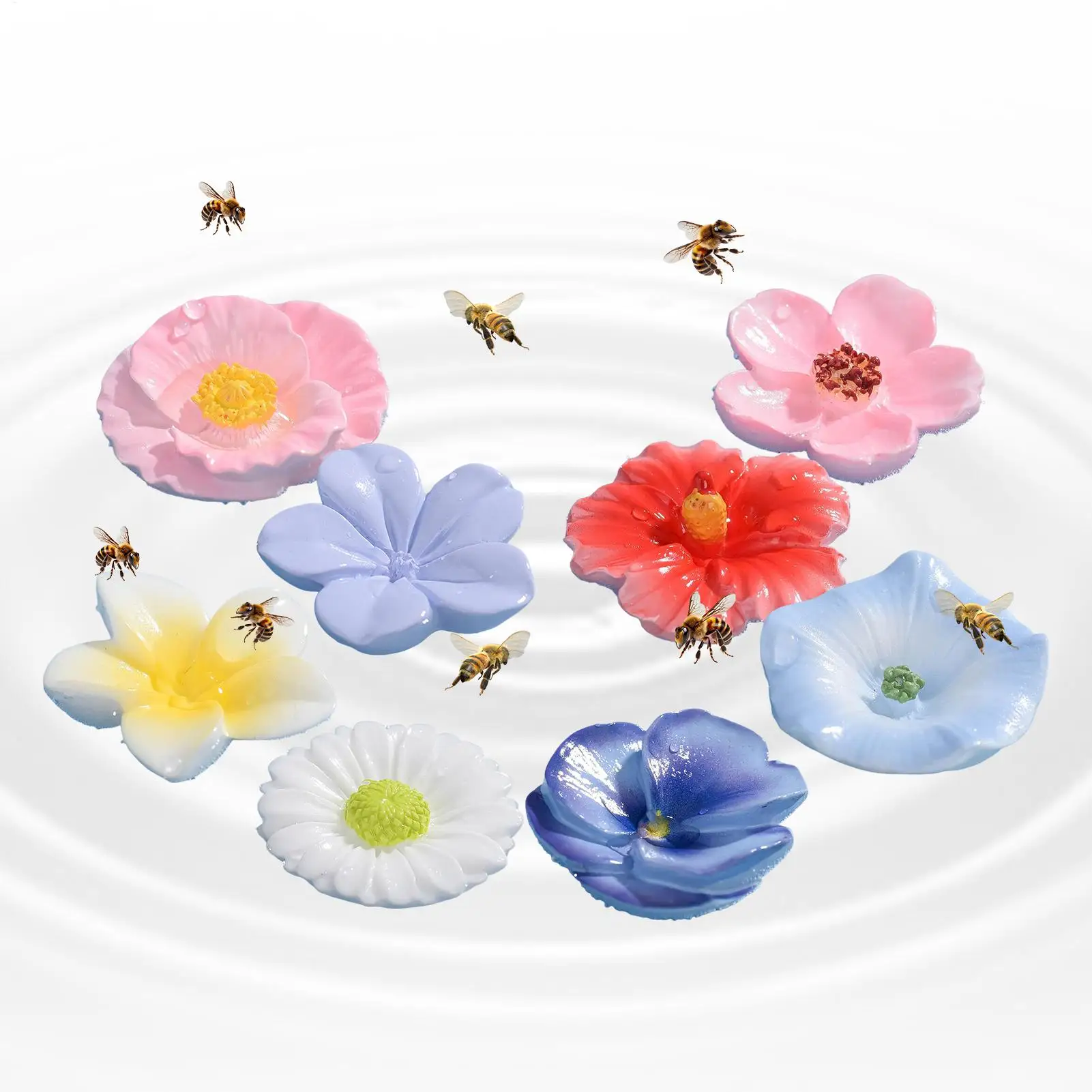 8pcs Bee Water Feeder Set Floating Resin Flower Insect Drinking Station Cute Weather-Resistant for Garden Patio Balcony Decor