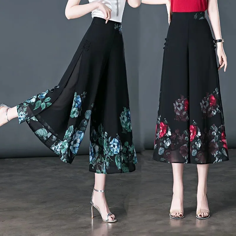 

Women Summer New Chiffon Wide Leg Pants Thin Chinese Floral Pants High Waisted Elastic Flesh Covering Loose Cropped Pants Skirt