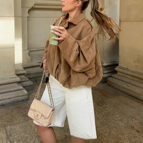 Imagen 1 del producto KONDALA-Chaqueta Bomber informal elegante de color caqui y marrón para mujer, abrigos holgados de manga larga con cremallera, moda de otoño e invierno, prendas de vestir 2025