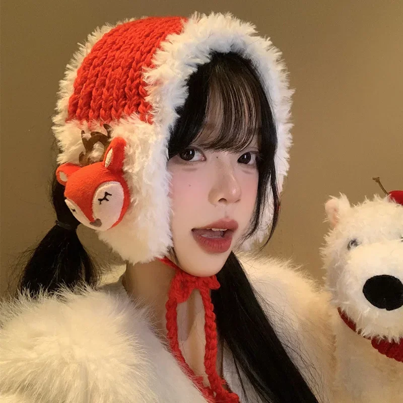 

New Niche Cartoon Christmas Deer Decoration Knitted Earmuffs Women's Winter Cute Velvet Warm Lace-up Headband Bonnet