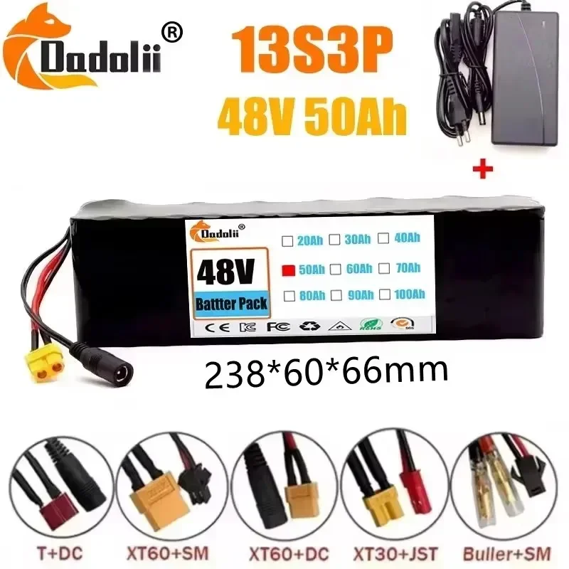 48V 50Ah 1000W 13S3P lithium-ion battery pack, suitable for free transportation of 54.6V 50000mAH with BMS+52.6V 2A charger