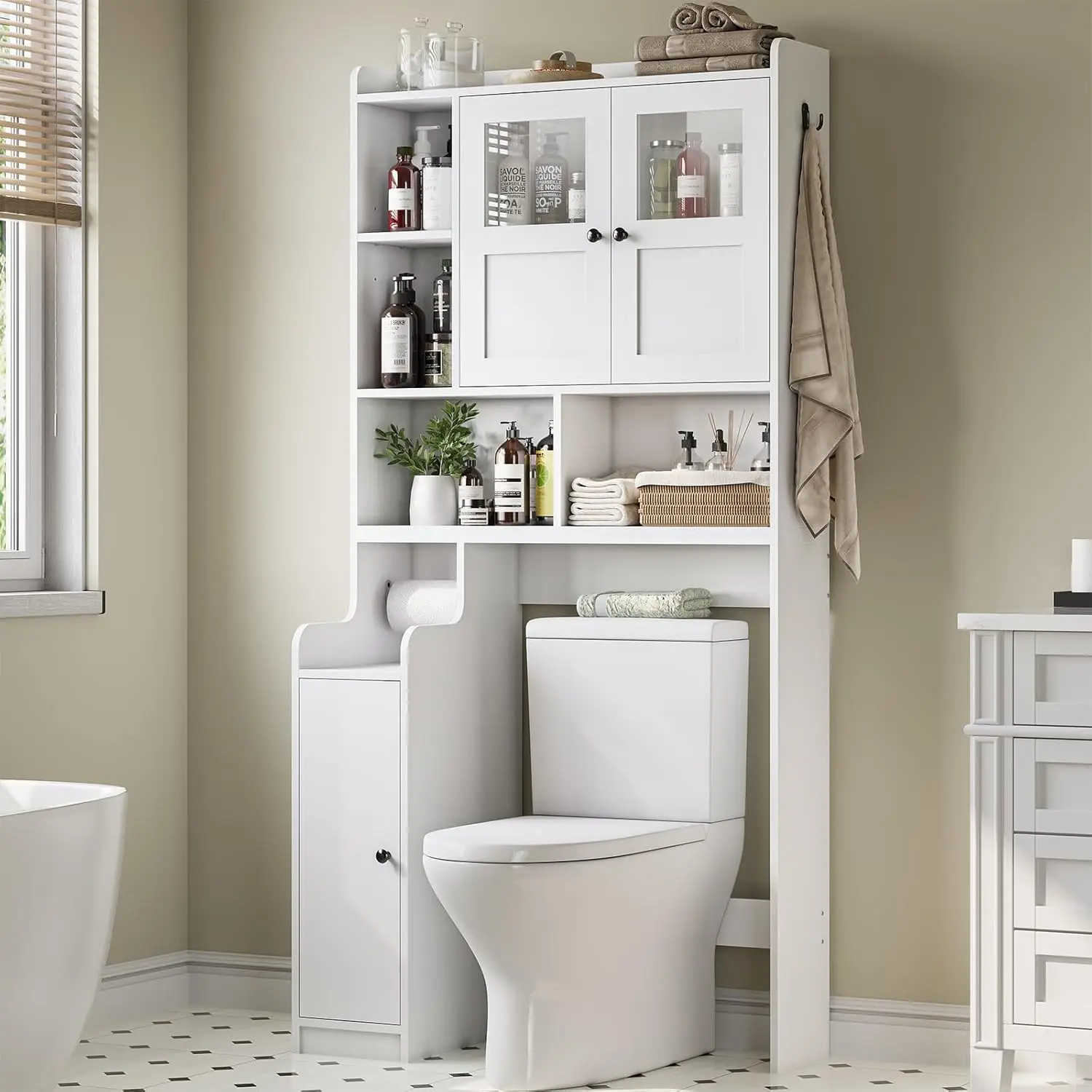 

Over The Toilet Storage Cabinet, Over Toilet Bathroom Organizer with Glass Doors & Toilet Paper Holder Stand, Home Space-Saving