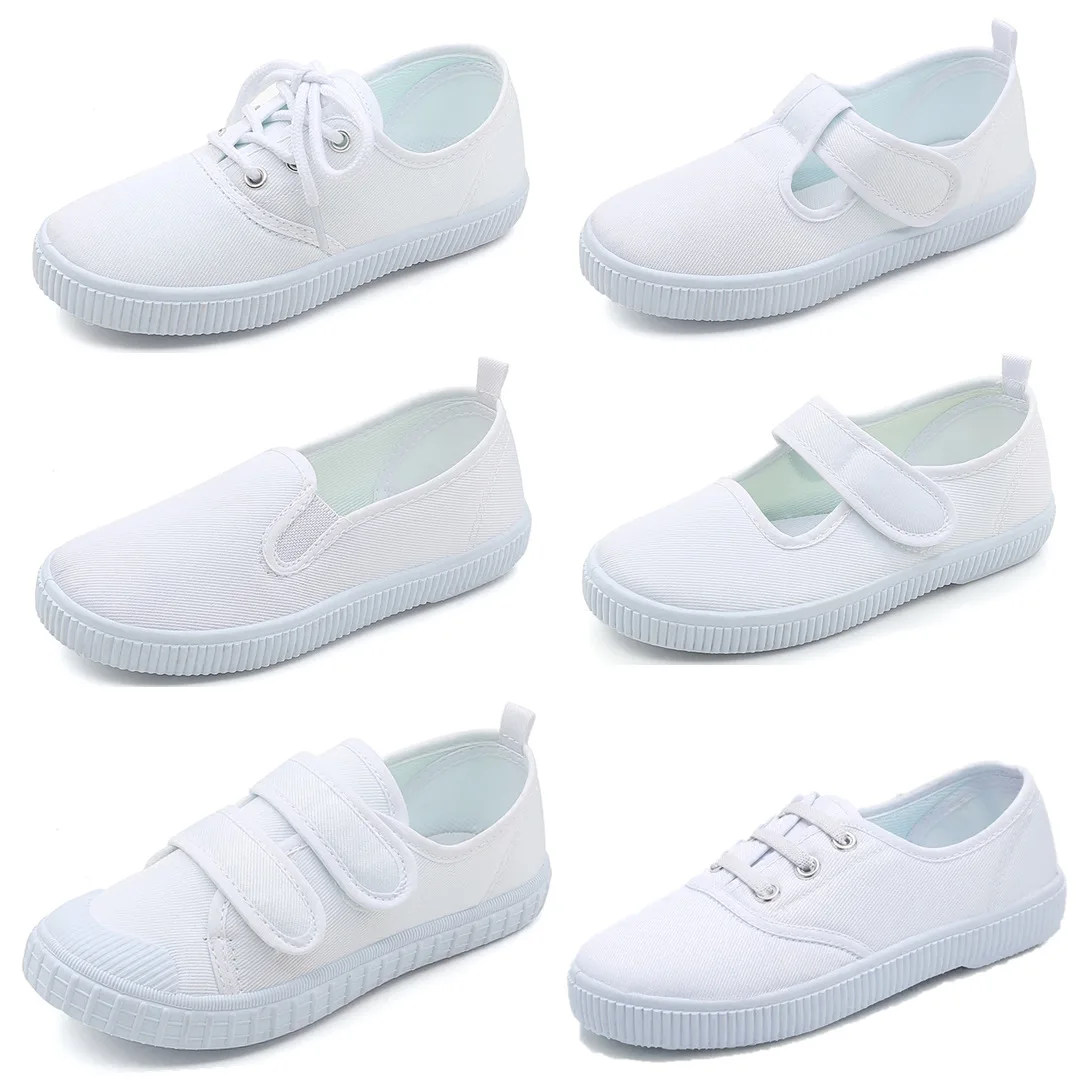 Zapatos de lona para niños, calzado blanco pequeño para guardería, zapatos de baile para interiores para niñas y niños