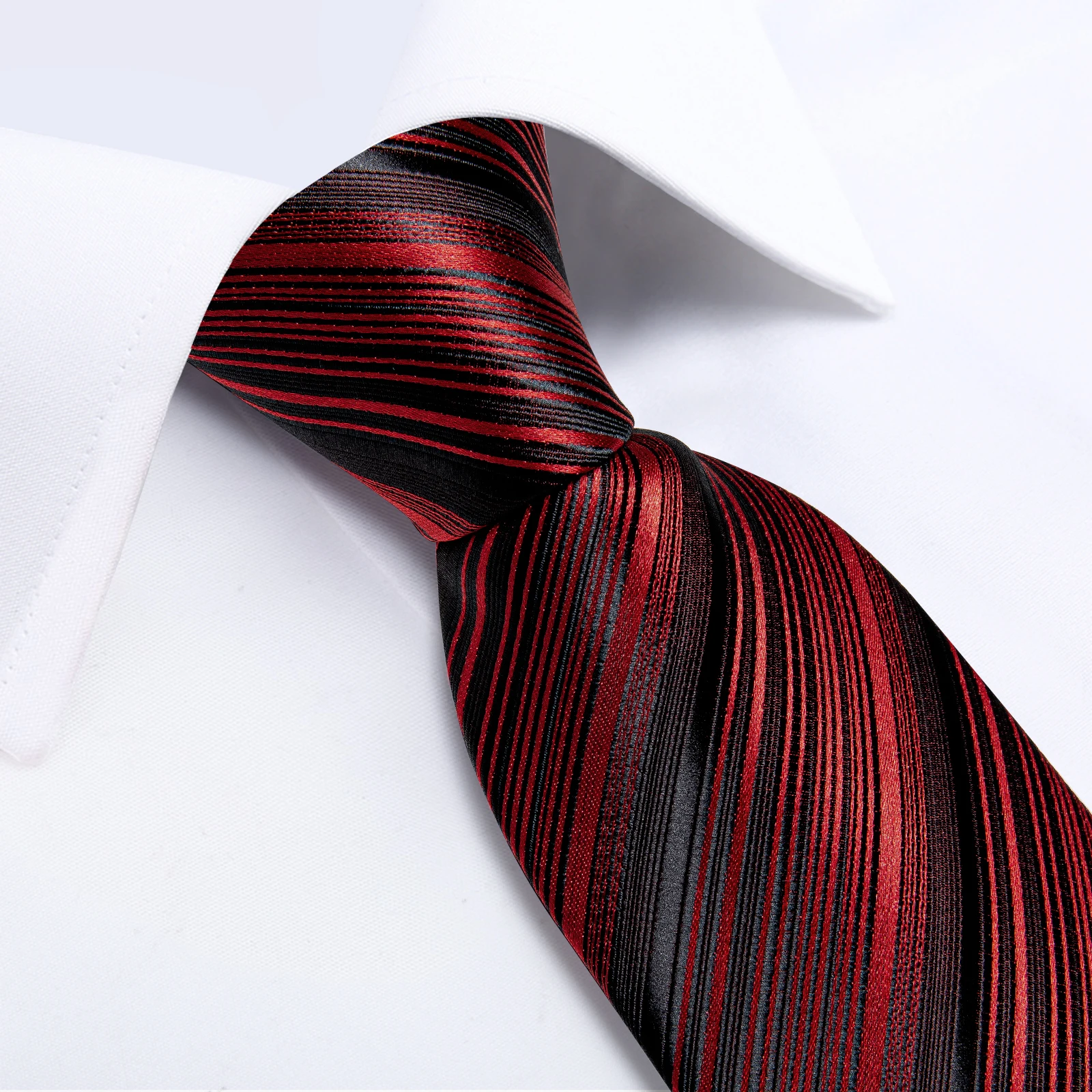 Fashion Red Black Striped 8cm Men's Silk Tie Business Wedding Party Necktie Handkerchief Brooch Cufflinks Set Men's Gift Tie