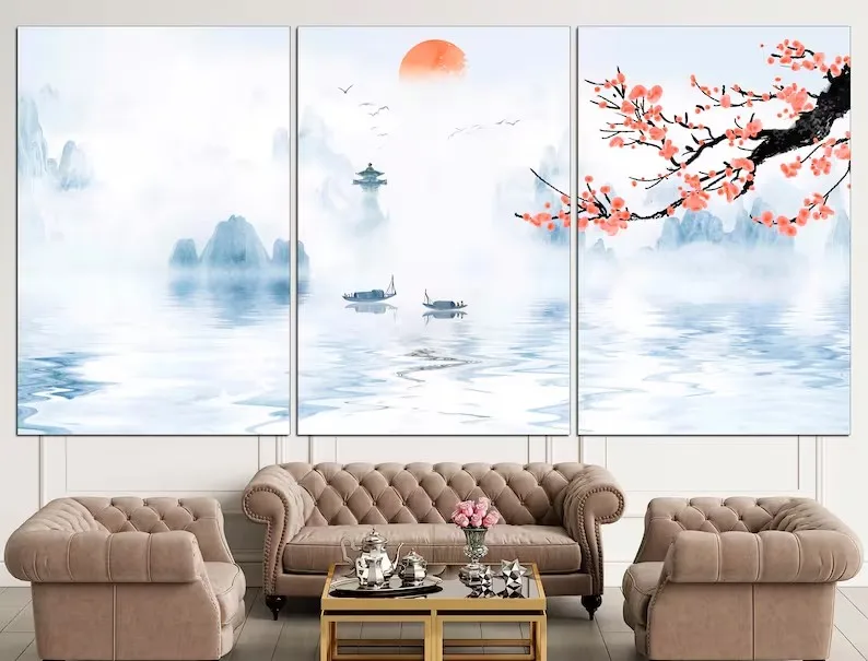 Japanese Sunset River House Art Deco Bedroom Wall Art Wall Decoration Triplet Painting