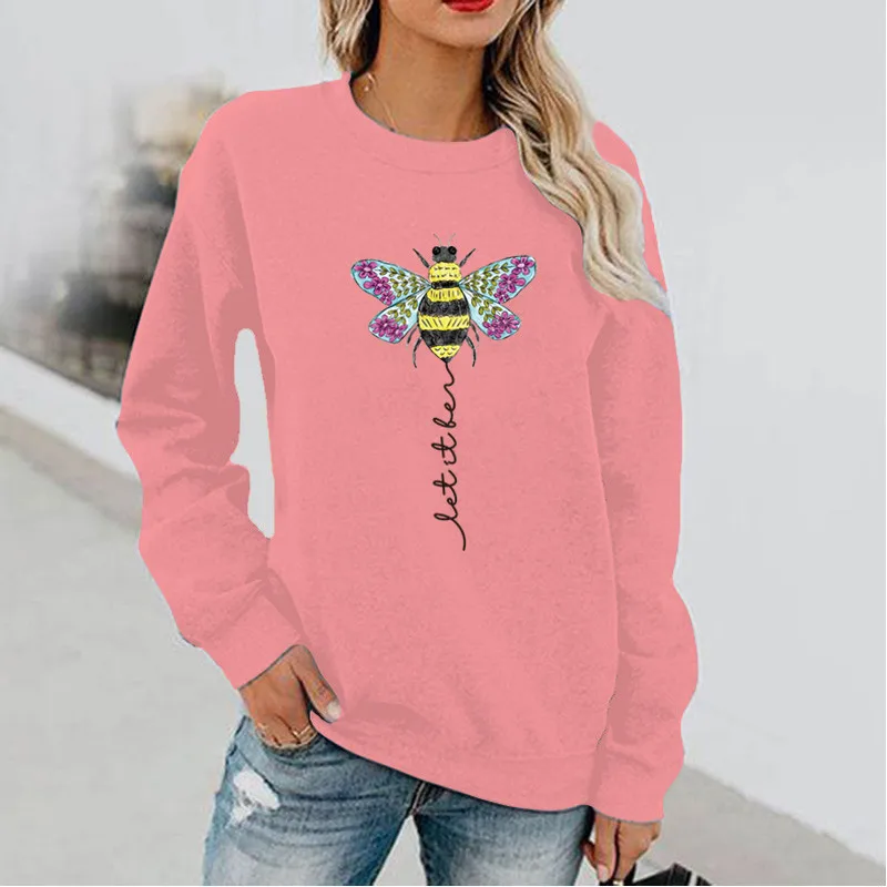 Bee Fun Print Long Sleeve Hoodless Crewneck Hoodie Lady Sweatshirt  Streetwear Women  Sweatshirts Clothes