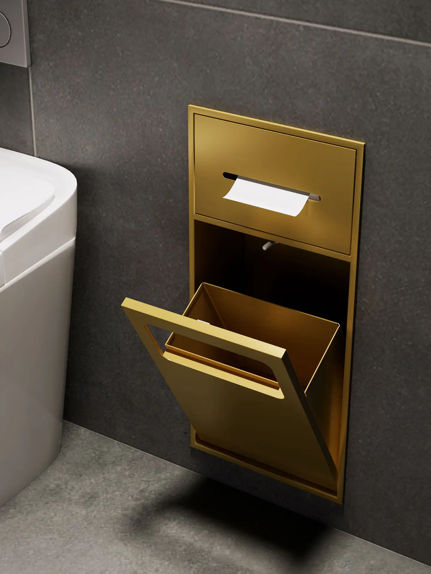 

Многофункциональная встраиваемая урна из нержавеющей стали AA 304 для ванной комнаты с полкой для хранения и диспенсером для салфеток