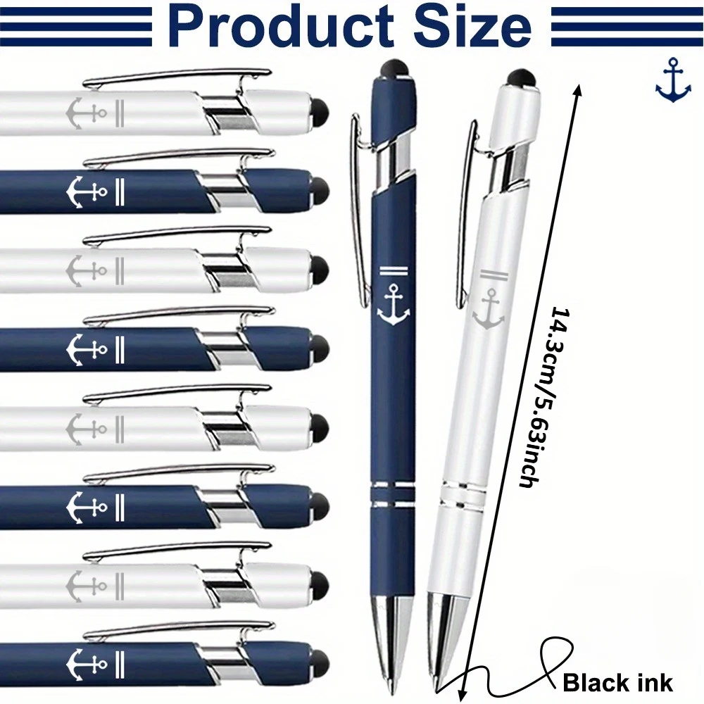 2/6/10-Pack Ballpoint Pens with Anchor Design - Navy Blue & White Barrel, Black Ink, Smooth Writing - Elegant & Portable Gift