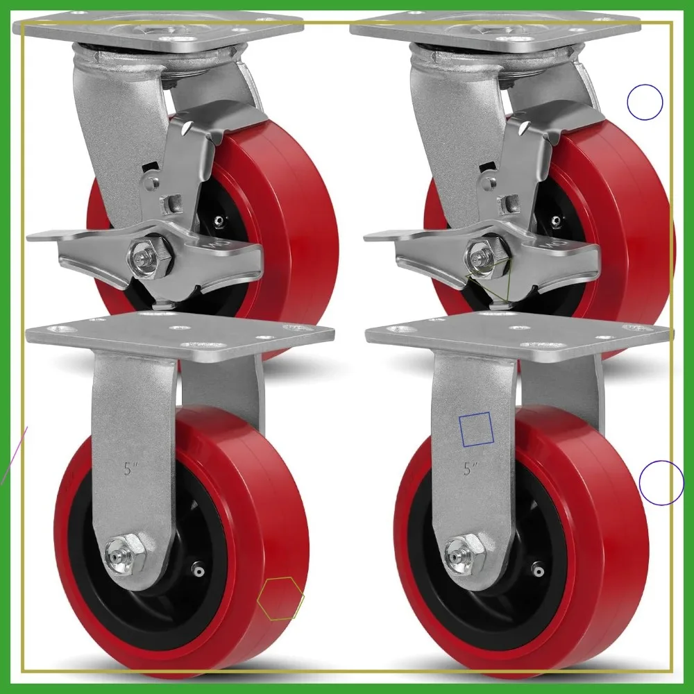 

Heavy Duty Caster Wheels Set of 4, 5"x2" Polyurethane on Polyolefin Core, 3200 LBS Load, 2 Rigid & 2 Swivel with Brake