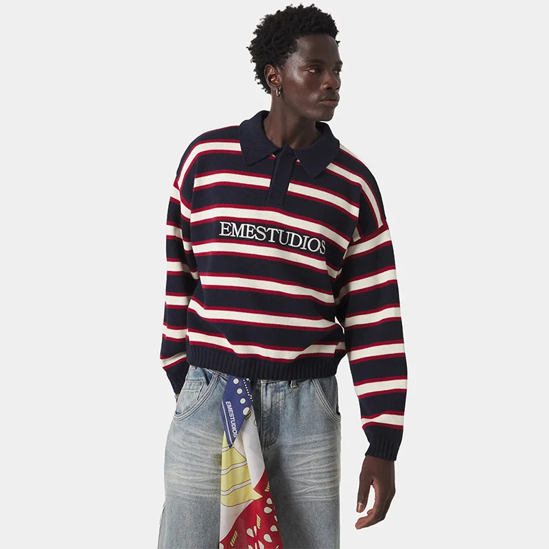 Eme Studios بولو متماسكة سترة للجنسين القطن سميكة البلوز الخريف الشتاء الرجال النساء معطف فضفاض كم طويل تريكو شريط القمم #6