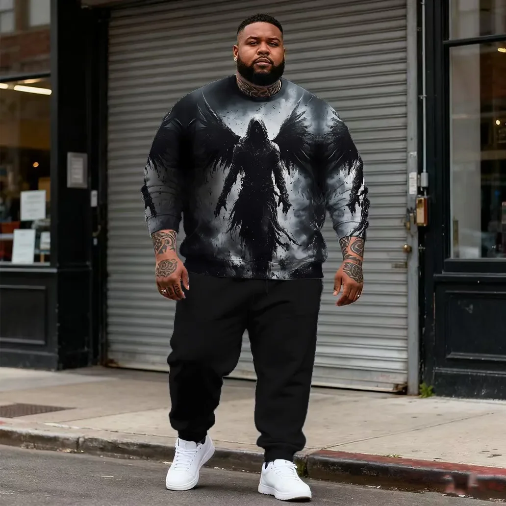 Men's Plus Size Crewneck Sweatshirt and Joggers Set, Dark Vampire, Skull or Hooded Figure Prints for Halloween Parties S-9XL