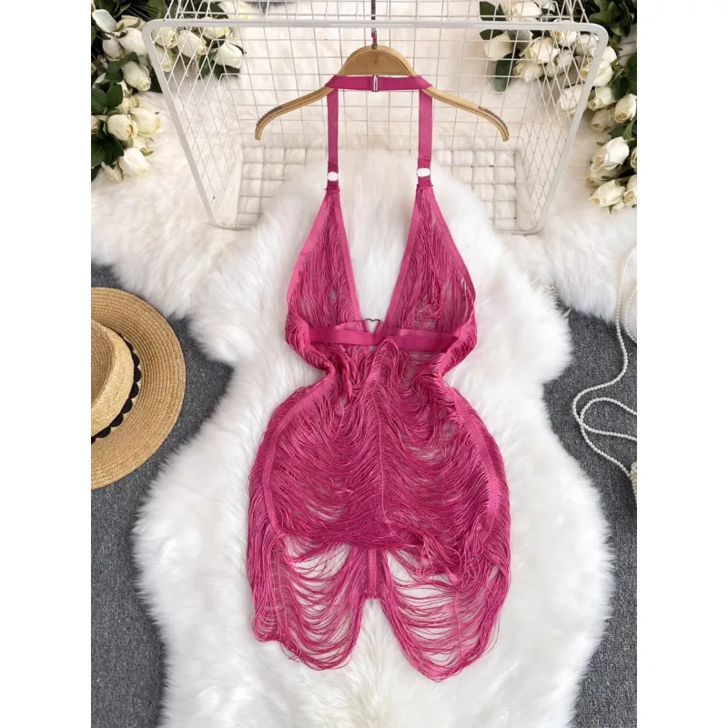 Vestido corto con tirantes para mujer, minivestido Sexy de lana con cuello en V profundo, cuello Halter y borlas, para playa y verano