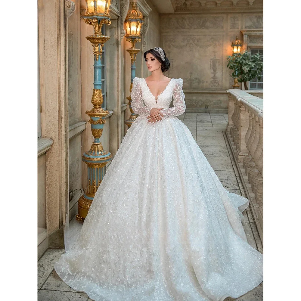 Personalizado modesto profundo decote em v mangas compridas rendas s vestidos de casamento trem catedral robes de mariage plus size vestidos de noiva2025