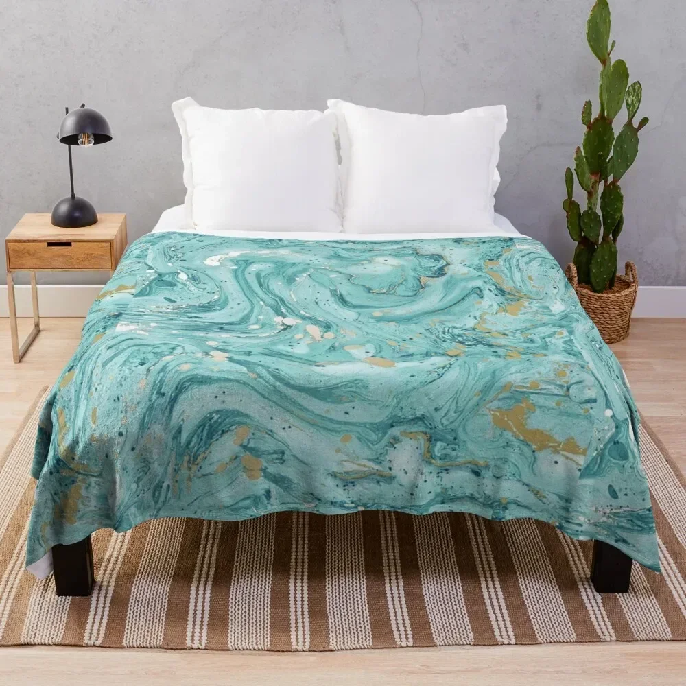 

Marble Design - Gold Effect - Turquoise Blue, Teal Marbling Throw Blanket Decorative Sofa For Decorative Sofa Blankets