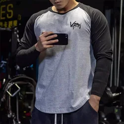 Men Cotton T shirt Long Sleeve Patchwork Shirt Bodybuilding Curved Hem Workout Fitness T-shirt Men Spring Autumn sport Clothing