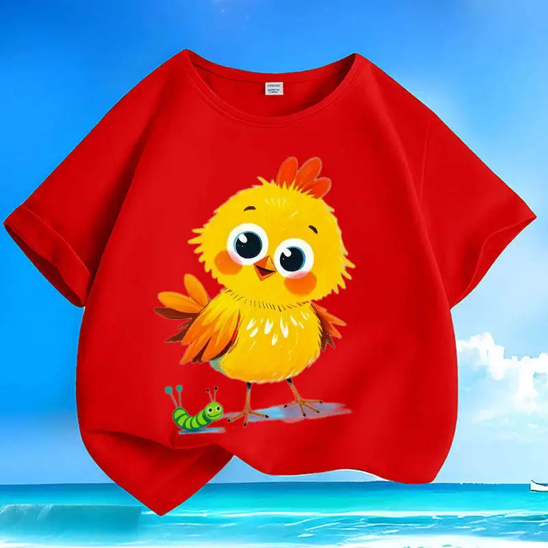Cute Chicken Cartoon Student Children's Short Sleeved Pure Cotton Round Neck Versatile Sweat Absorbing Parent-child Shirt