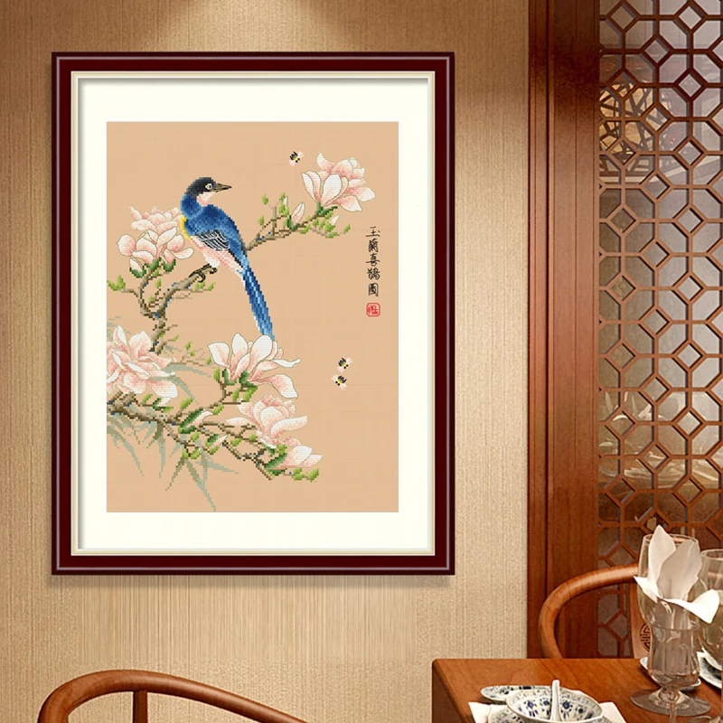 Spring Cross Stitch embroidery in complete kit Magpies on Flower Branches 11CT Printed Retro Aida Canvas Needlework Gift for mom