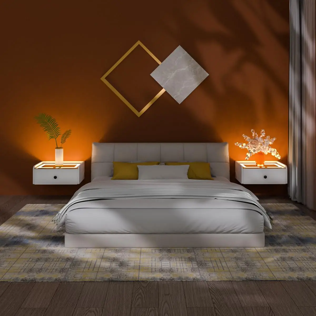 طاولة بجانب السرير ذكية معلقة من الخشب الصلب البسيط الحديث مع رف تخزين بجانب السرير على شكل لوح صخري لغرفة النوم