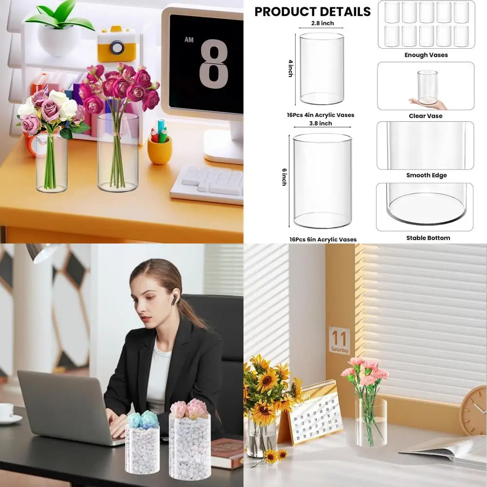 

Clear Acrylic Vases, Bulk 6 and 4 Inch Cylinder Plastic Flower Vases for Home, Wedding Centerpieces, Unbreakable Decor (16x6in +
