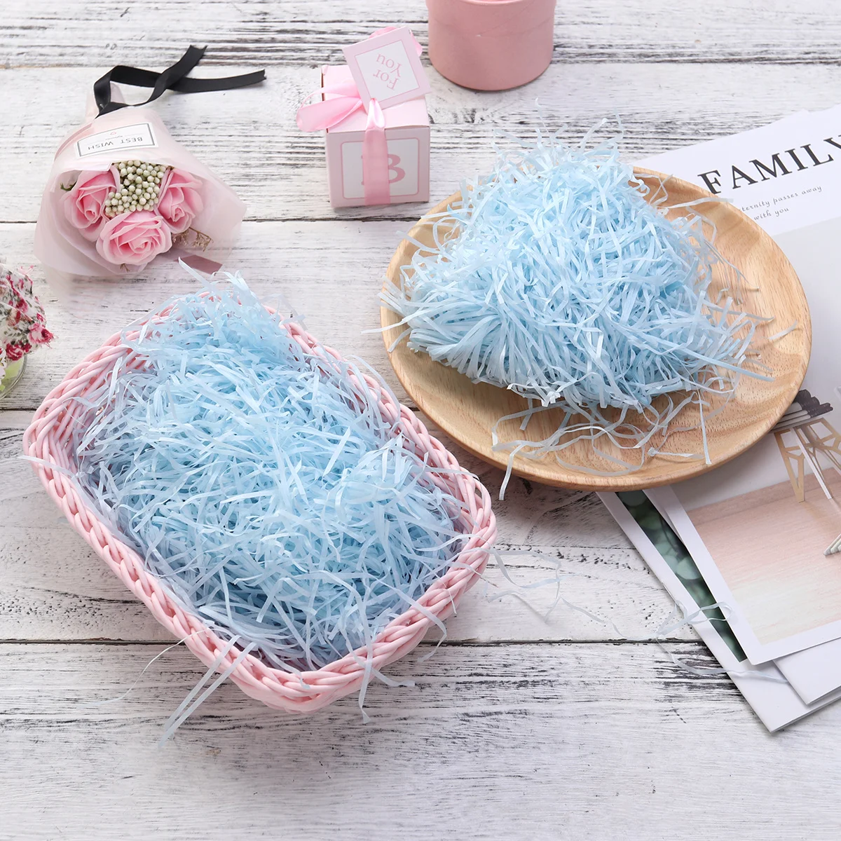 

20g Sky Blue Colored Cut Paper Shred Filler Natural Lafite Grass Silk Paper Candy Chocolate Packaging Filling Shred Filler