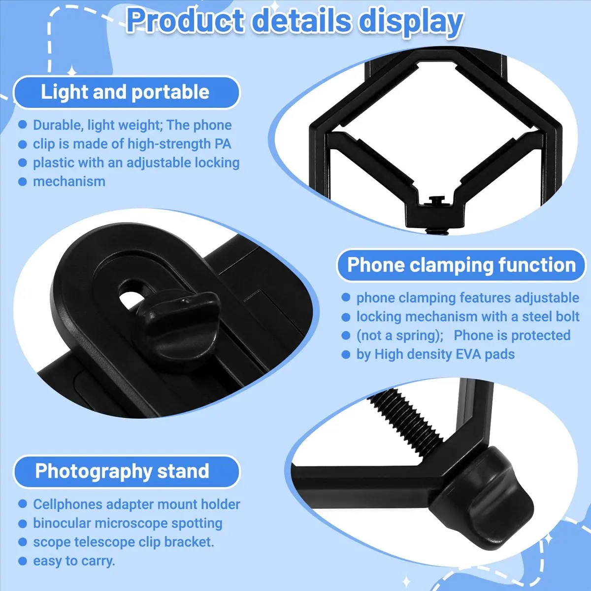 Happy New- Universal Cell Phone Adjustable Adapter Mount Microscope Spotting Scope Telescope Clip Bracket Mobile Phone Holder