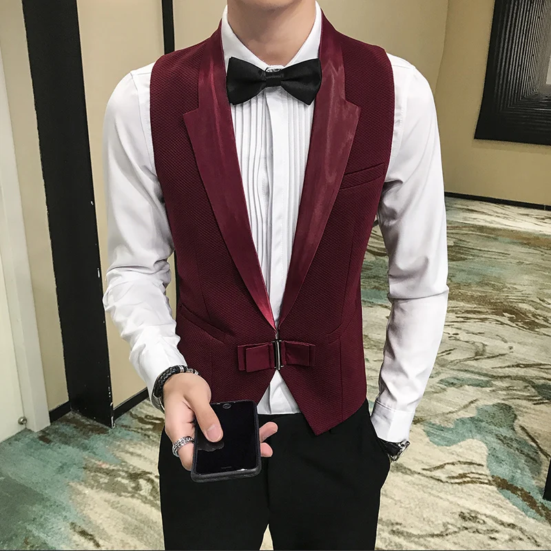 2023 Autumn Mens Vest Bow Decoration Waistcoat Prom Party Disco Waiter Clothes Casual Slim Dress Vest Men Tuxedo Gilet Homme