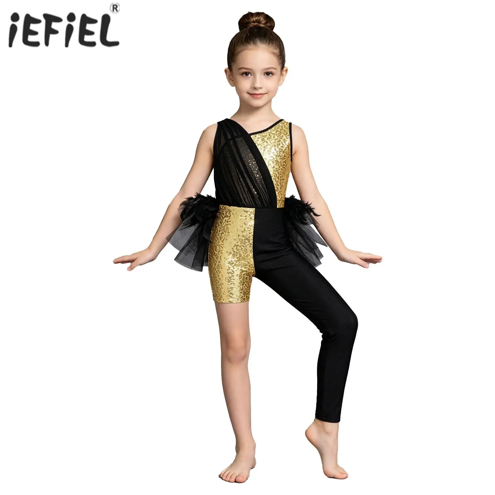 

Kids Girls Asymmetric Sequin Jazz Hip Hop Dance Costume Gymnastics Leotard Feather Trim Mesh Performance Tulle Skirted Bodysuit