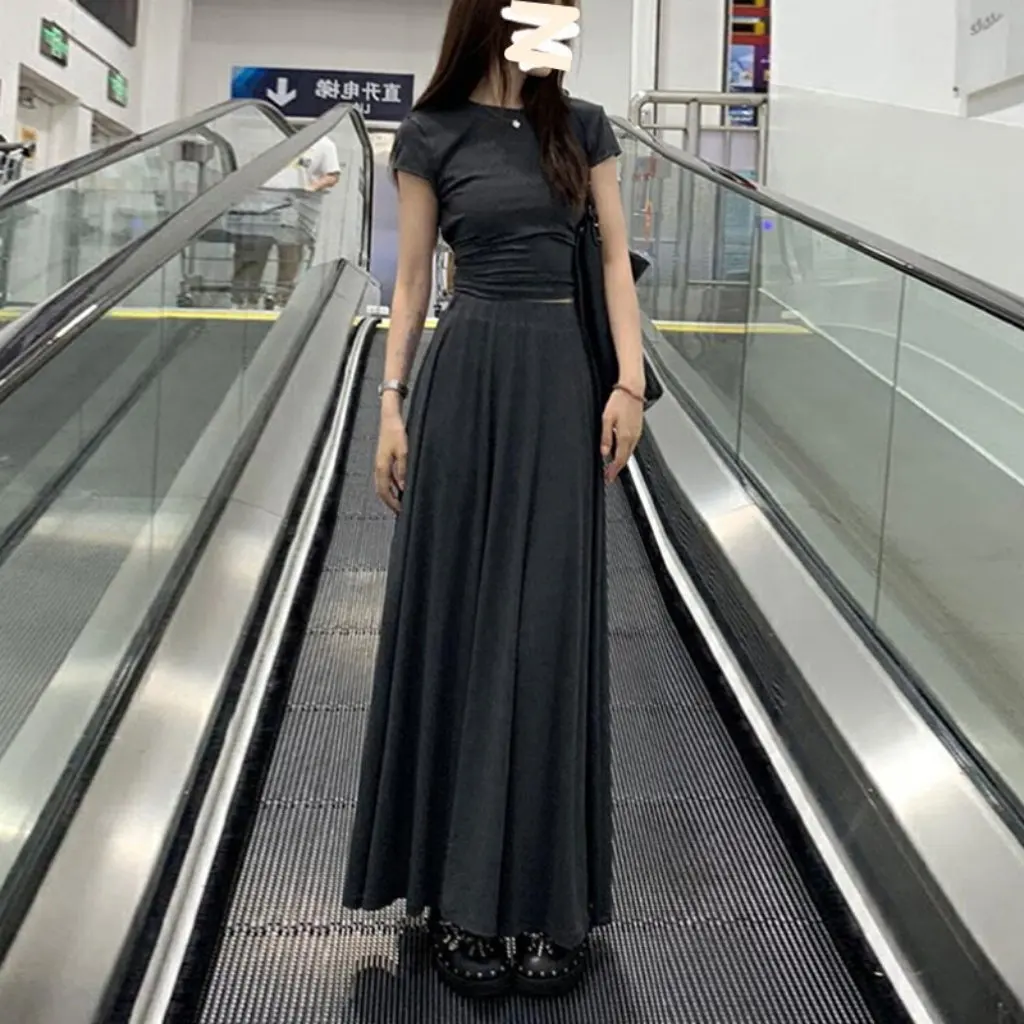

Women's Deep Gray Modal Skirt Spring/Summer Draped Style Long Skirt with Wide Hem Lazy Fashionable Casual Skirt
