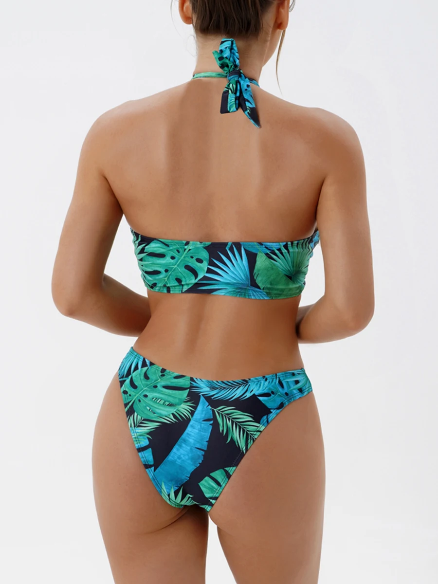 Fato de banho halter biquíni feminino, acolchoado cruz swimwear, moda praia estampada feminina, fato de banho de natação 3 pcs, 2024