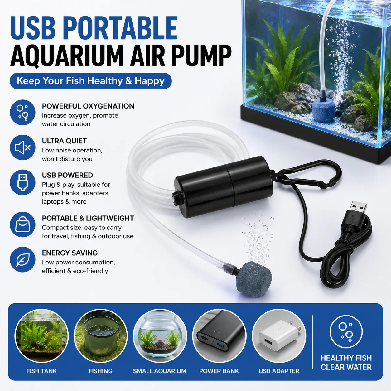 Aquarium USB-Luftpumpe, leise Sauerstoffpumpe für Fischbecken, tragbarer 5V-Oxygenator für kleine Becken, Betta-Reise-Backup.
