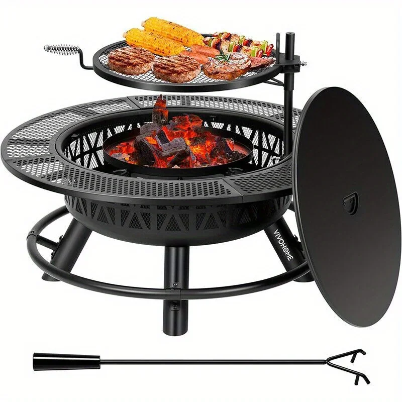 

35'' Fire Pit w/ Cooking Grill Grate, Charcoal Pan & Cover Wood Burning Firepits