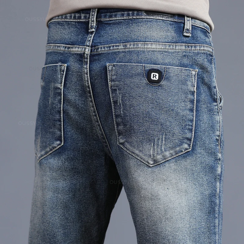 Primavera otoño hombres clásico moda gris Jeans Casual ajustado Vintage azul ropa de calle Biker fiesta pantalones largos hombre 27-36