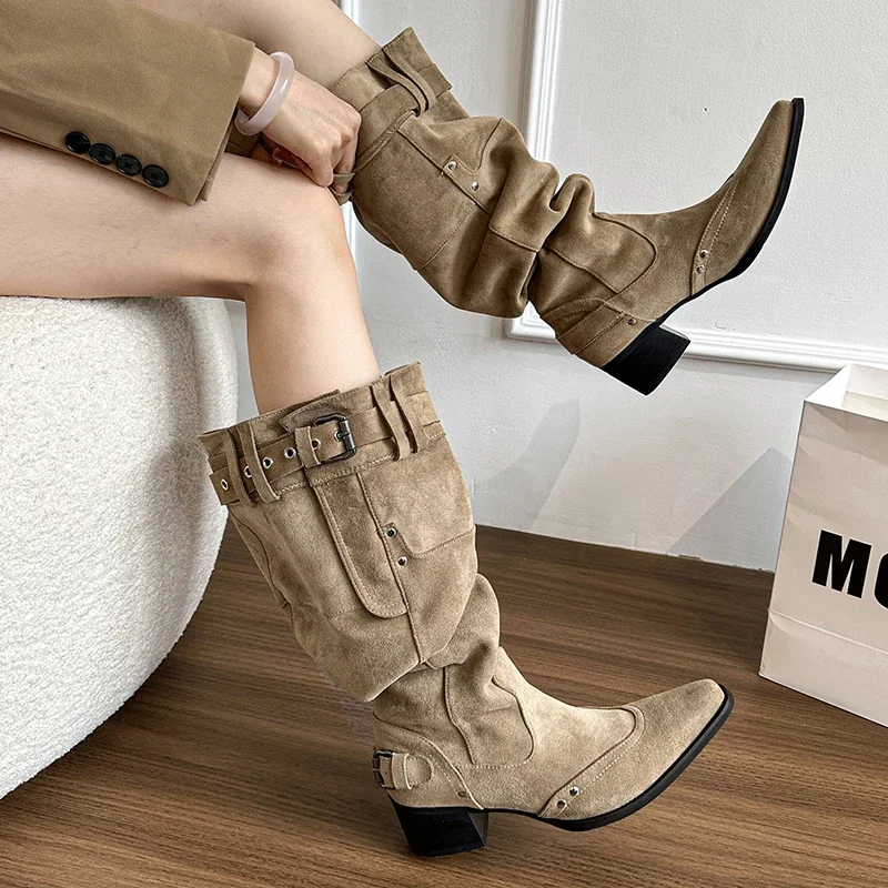 

Autumn Winter Pleated Women Western Cowboy Boots Vintage Square Low Heels Shoes Female Belt Buckle Long Booties