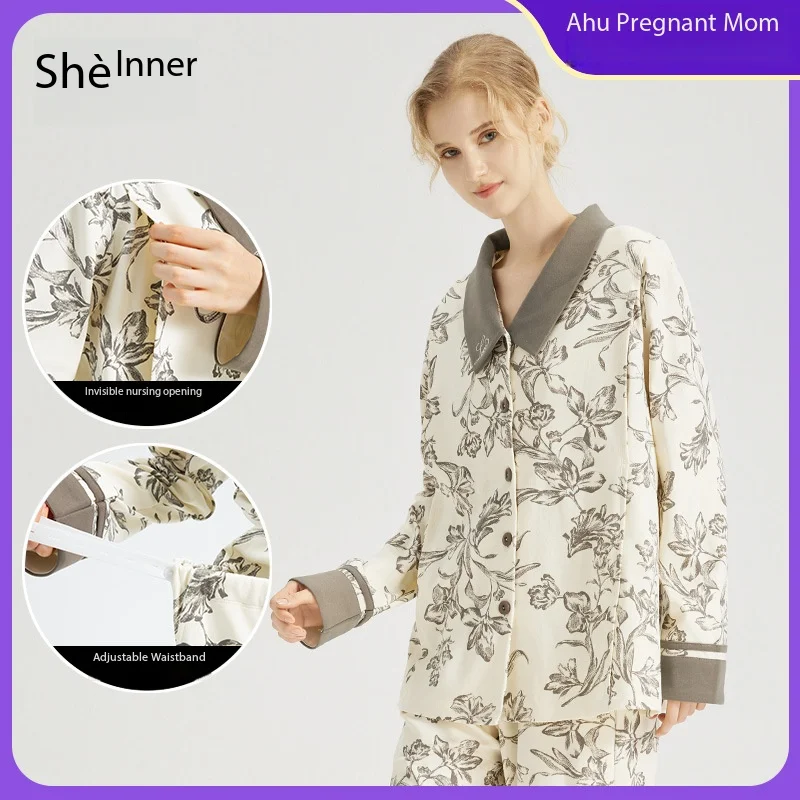 Conjunto de Pijamas para Mulheres Grávidas e que Amamentam, Roupas de Algodão para Dormir, Camisetas e Calças Amigas da Amamentação