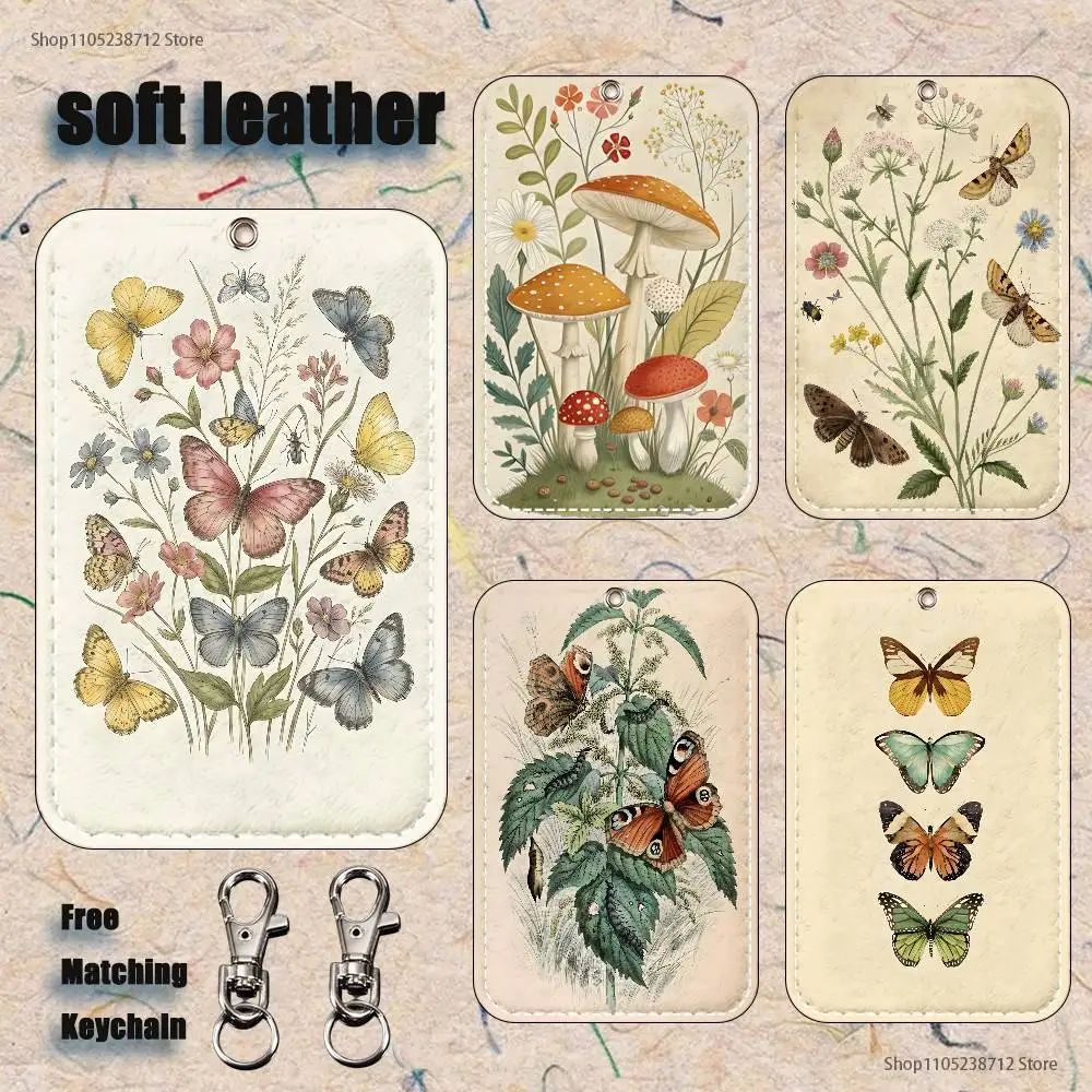 

Butterfly Insect Flower Mushroom Pattern Leather Card Holder Keychain Key Ring Door Lock Access Tags ID Card Case Keychain Card