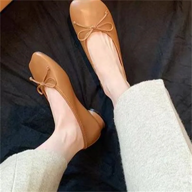 Butterfly-knot Shoes for Ladies Square Toes Women Low Heels Bow-tied Zapatos De Mujer Solid Shallow Sewing Lines Female Ballets