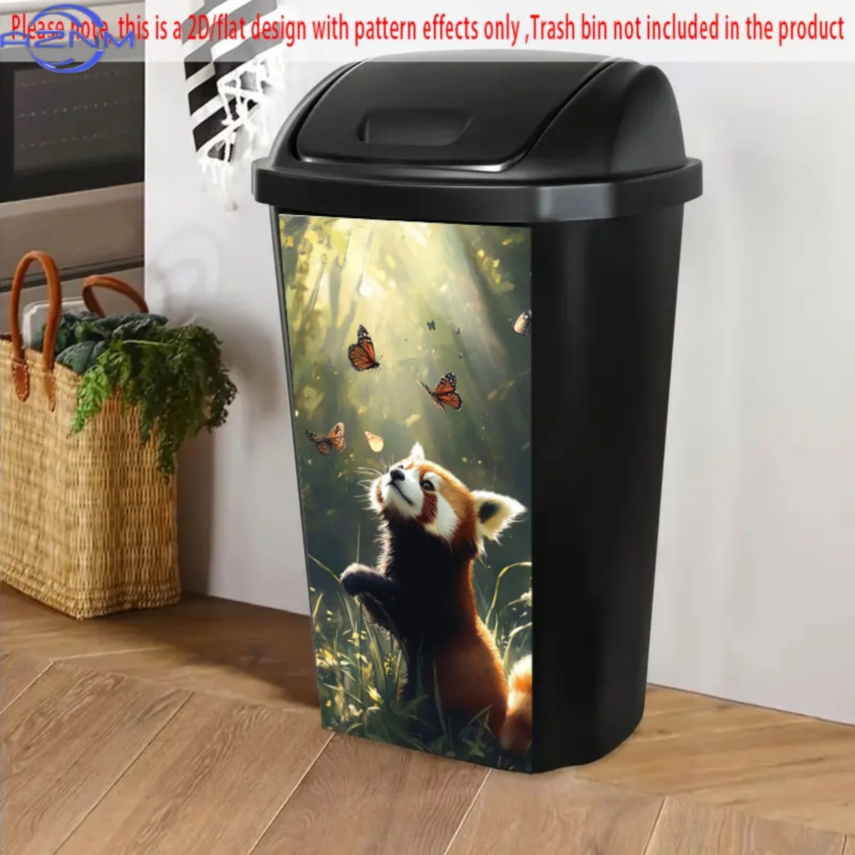 2D Flat, Red Panda & Butterflies Self-Adhesive Sticker - , Sunlit Forest Design, PVC Material, Ideal for Trash Can, Wall, or K