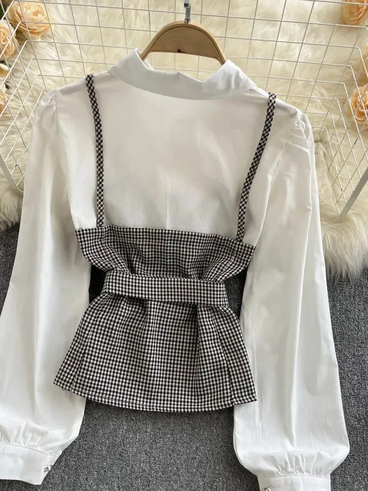 Women Korean Fashion Contrast Color Temperament Blouse Waist Waist Single-breasted Plaid Fake Two-piece Shirt Tops Female D0394