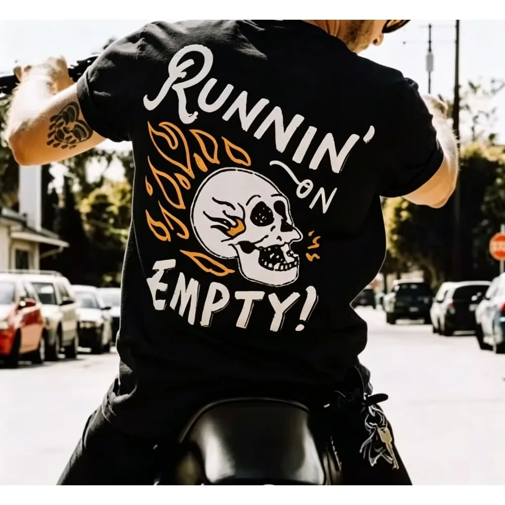 2026 New  Men Biker Skull Flame Print T-shirt Runnin On Empty Letter Graphic Casual Short Sleeve Tops