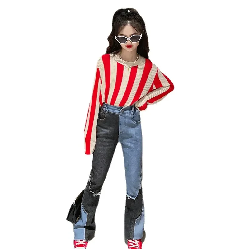 

New Girls Clothes Spring Set Vertical Stripe Sweater + Patchwork Raw Edge Design Flared Jeans 2pcs Fashion Outfit for Teen 4-14Y