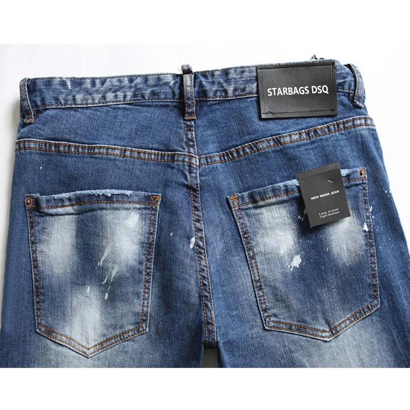 Calça Jeans de elástico com letra fina estampada masculina, tinta esfarrapada, calça apertada, jeans, starbags, DSQ, novo