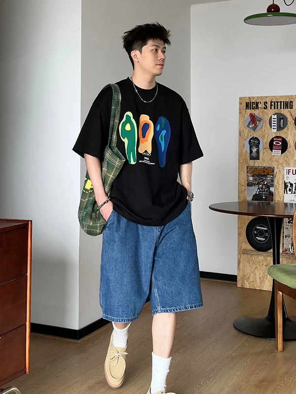 

Waed Deep Blue Men's Denim orts Straight Leg Wide Leg Outdoor Sports Five-Quarter Mid-Waist Casual Faion Summer orts