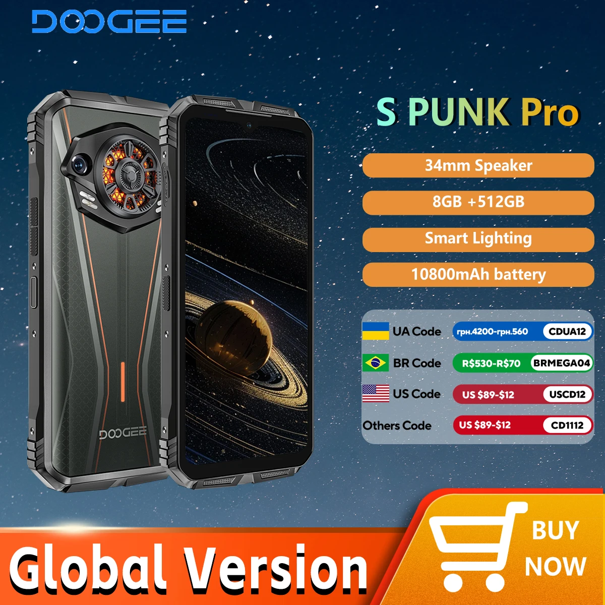 DOOGEE S PUNK PRO Smartphone 6,6" FHD+ 90Hz Android 14 20GB+12GB RAM 512GB ROM 10800mAh 33W Schnellladung 50MP AI Kamera 128dB Spe