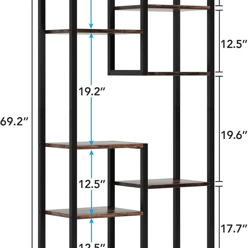6-Tier Industrial Bookshelf, 8-shelf Open Storage Display, Living Room & Home Office Bookcases