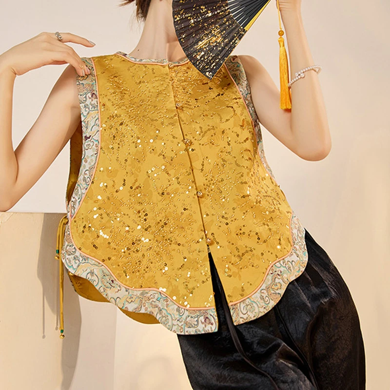 

New Chinese Style Womens Qipao Vest Luxury Beads Embroidery Tops Summer Sexy Sleeveless Jacket Coat Retro Jacquard Waistcoat
