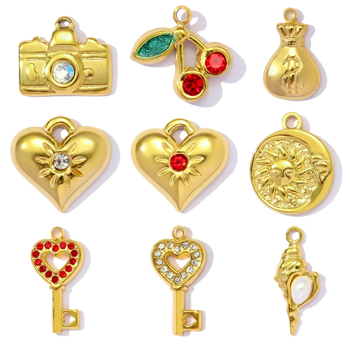 3pcs/Lot Stainless Steel Rhinestone Camera Heart Key Conch Cherry Charms for Women DIY Jewelry Bracelet Pendants